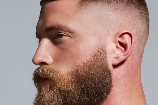 Close side profile of bearded man with sharp full beard, trimmed mustache, short faded haircut, and neutral expression against a plain gray studio backdrop