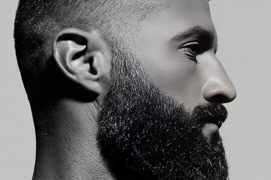 Black and white macro side profile of a man with a thick sharply groomed full beard, close cropped hair, defined jawline, and focused gaze, portrait photography