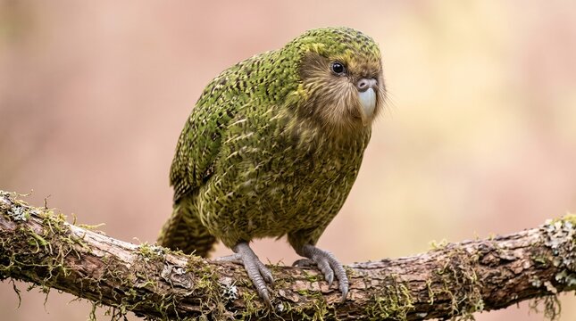 Kakapo parrot perched on moss-covered branch in natural forest setting with copy space
