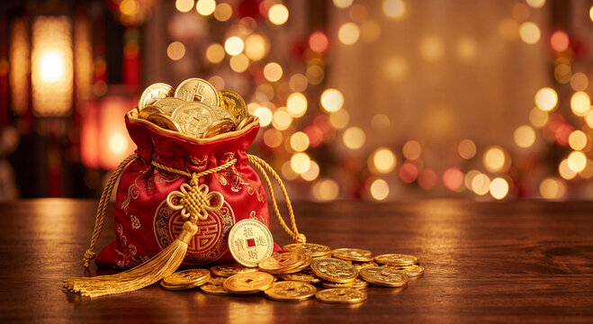 A traditional red drawstring pouch filled with shining gold ingots and tied ancient copper coins rests on a rustic wooden table illuminated by soft golden festive bokeh lights.