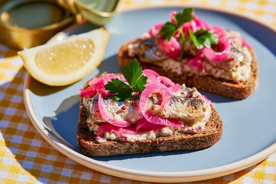 Open sandwiches on dark rye bread topped with creamy spread, pink pickled onions, herbs, radishes, and lemon beside a cup on a checked tablecloth