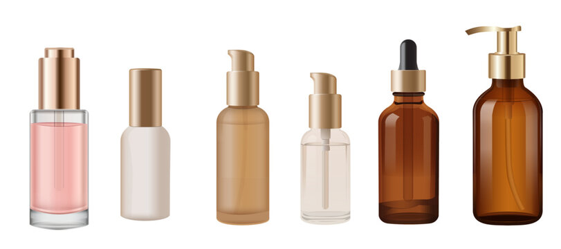 Premium Amber and Clear Cosmetic Bottle Mockup Vector Set