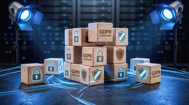 wooden cubes with glowing padlock icons and gdpr compliant text illuminated by studio spotlights inside dark server room facility datacenter