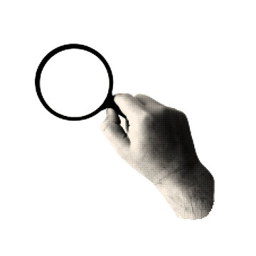 Halftone hand with magnifier for collage. Hand with magnifying glass isolated on white background. Trendy vintage monochrome vector illustration