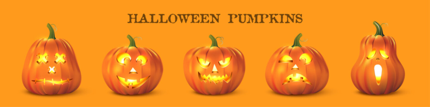 Halloween pumpkins set. Halloween glowing pumpkins on orange background with carved scary, funny, spooky faces. Festive jack lantern collection in dark night style. Holiday vector illustration