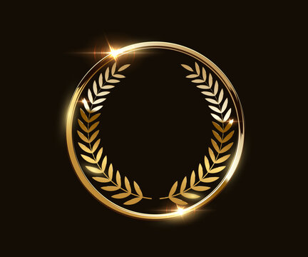Gold award medal. Golden award winner emblem. Shiny round frame with wreath laurel and light sparkles on dark background for winners ceremony, branding, rewards. Luxury elegant vector illustration