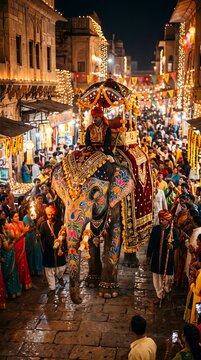 Decorated elephant procession during traditional indian festival night celebration