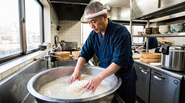 Senior Japanese male chef wearing traditional blue uniform washing white rice within large metallic bowl preparing food inside commercial Asian restaurant kitchen