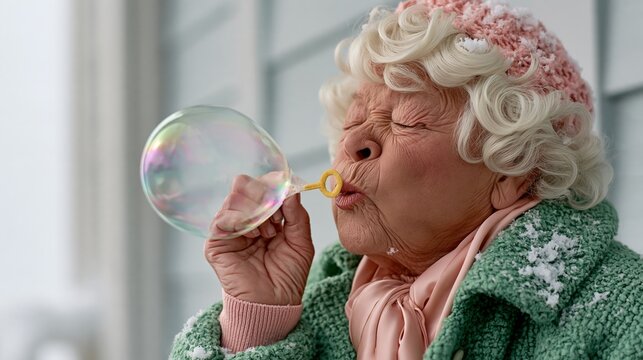 Funny senior woman trying to freeze a bubble with her breath and getting dizzy, humorous winter science photo with copy space
