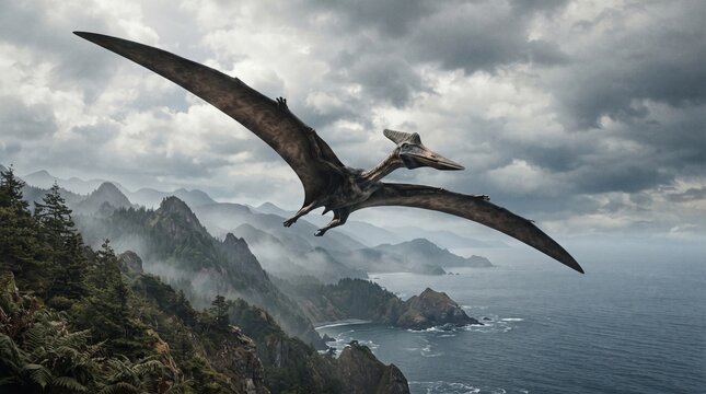 Majestic Prehistoric Pterosaur Flying Over Coastal Mountains