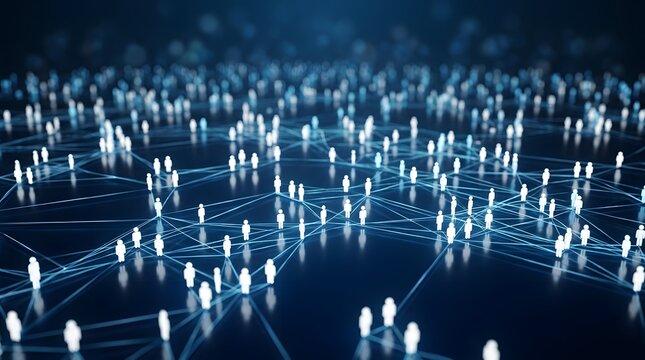 Global digital network connection showing glowing human figures linked by blue data lines, representing social media, communication, big data, and professional community in a 3D abstract style.