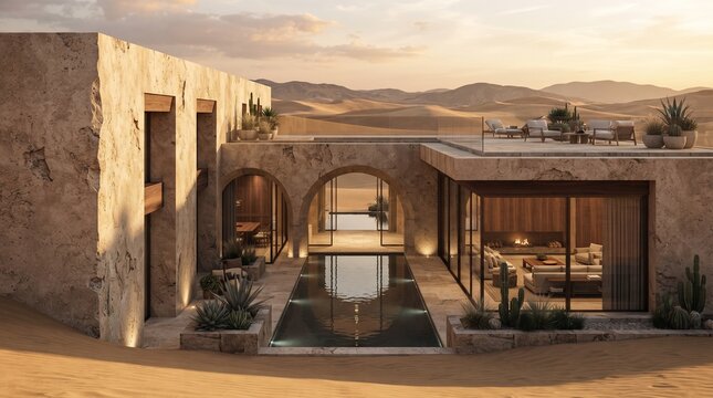Modern desert home with pool and arched entryway at sunset