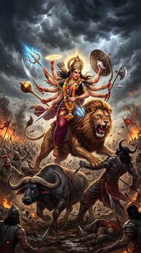 Goddess durga riding a lion fighting buffalo demon in epic battle scene under stormy dark sky