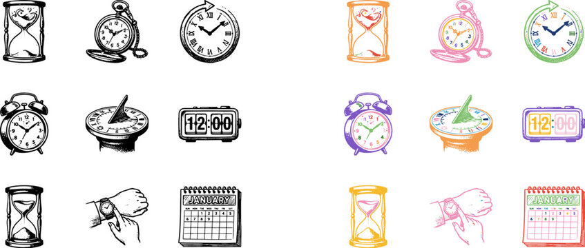 Vintage clock and timekeepers icon collection in black outline and vibrant colorful cartoon hand drawn style
