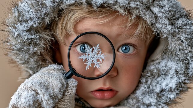 Funny young boy with magnifying glass inspecting a snowflake on his glove, eyes wide with wonder, winter science photo