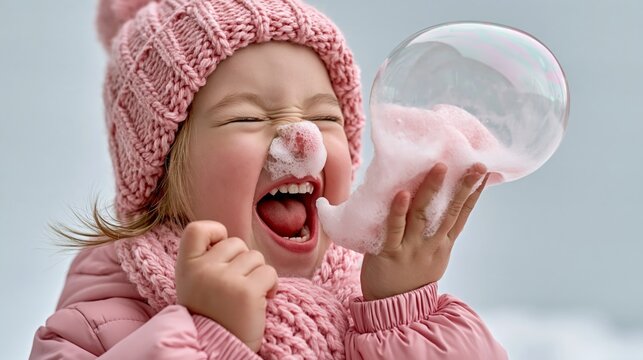 Funny young girl making a frozen bubble that pops and covers her nose in soap, laughing, winter science photo
