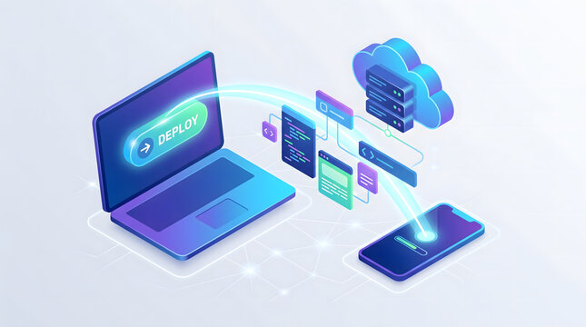 3D illustration of isometric laptop deploying code to cloud server database and smartphone devops workflow concept   