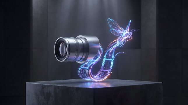 3D illustration of metallic camera lens with glowing neon filmstrip transforming into butterfly on dark podium cinematography concept   