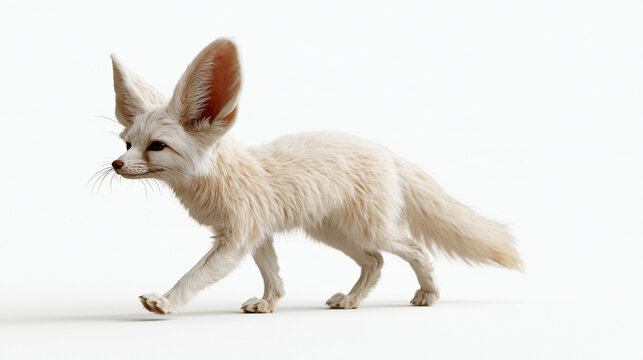 Realistic fluffy fennec fox walking in profile with enormous ears and pale cream fur, cute desert wildlife animal isolated on white