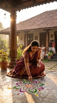 Indian woman in traditional saree colorful rangoli pattern on stone floor at home entrance