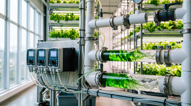 automated hydroponic vertical farm pump station circulating green nutrient liquid through transparent pipes inside modern indoor smart agricultural greenhouse facility