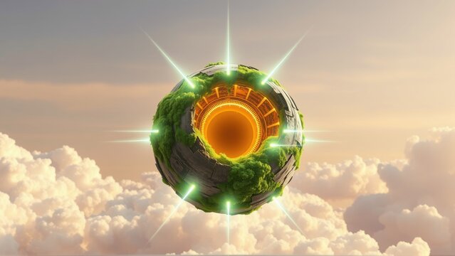 Floating sphere combines nature, technology. Lush greenery surrounds glowing orange core amidst clouds. Bright rays emanate outward.