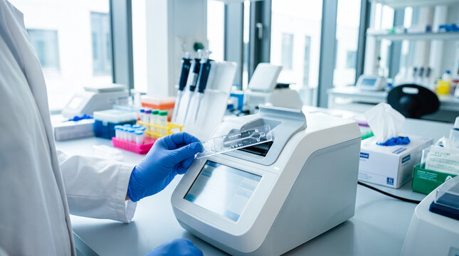 Scientist hands wearing blue protective gloves loading microfluidic chip into medical diagnostic analyzer machine inside modern biochemical research laboratory facility