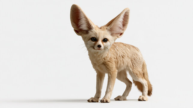 Cute young fennec fox standing and looking directly at the viewer with huge ears and fluffy sandy fur isolated on white