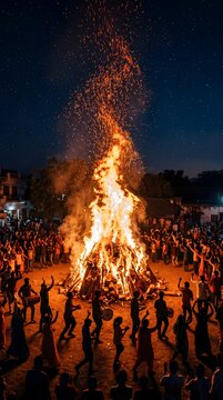 Large bonfire celebration at night with silhouetted people dancing around the bright flames