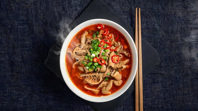 Spicy Beef Tripe Soup in White Bowl with Chopsticks