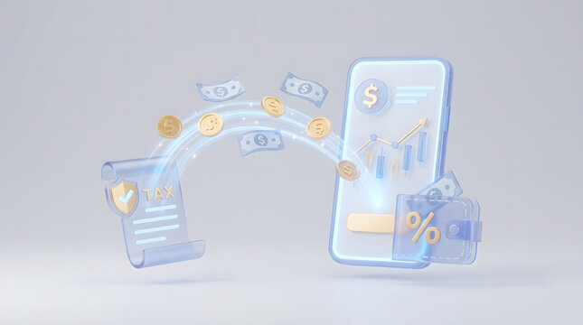 3D Digital Wallet Receiving Tax Refund and Government Financial Support Benefit Concept