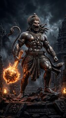 Fototapeta premium Powerful hanuman statue standing on rocks holding a flaming mace in a dark ancient temple ruins