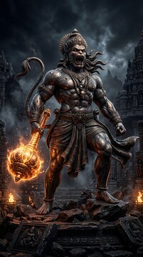 Powerful hanuman statue standing on rocks holding a flaming mace in a dark ancient temple ruins