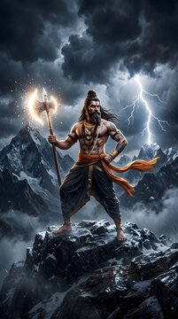 Powerful hindu deity parashurama standing on a rocky mountain peak holding a glowing golden axe
