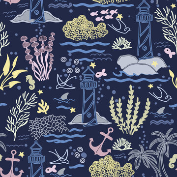 Nautical Lighthouse Anchors & Ocean Life Navy Blue Pattern