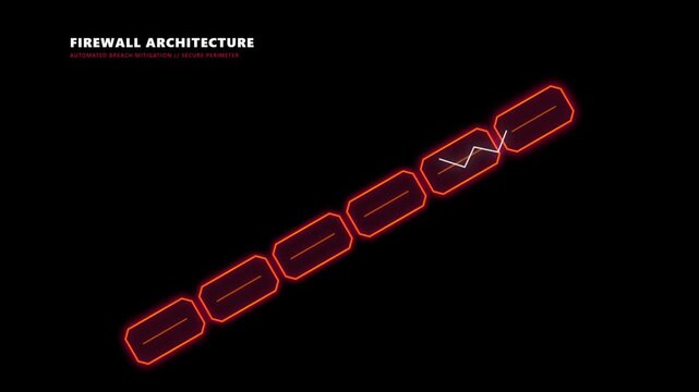 Red glowing firewall architecture and secure perimeter breach mitigation to represent cybersecurity defense, designed for illustrating digital protection and threat analysis.   
