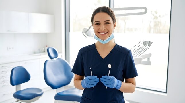 Confident female dental professional in blue scrubs holding examination tools including a mirror and explorer in a modern bright clinic. Portrait of a smiling dentist or hygienist at work.