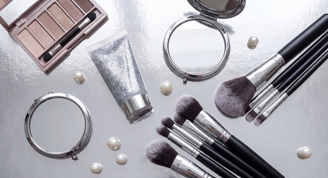 Beauty and cosmetics flat lay composition featuring makeup brushes eyeshadow palette foundation and round mirrors on smooth grey backdrop