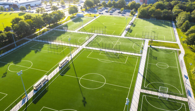 Aerial view of modern outdoor soccer complex with multiple green turf fields and white markings during sunny day, sports facility for team training and recreation