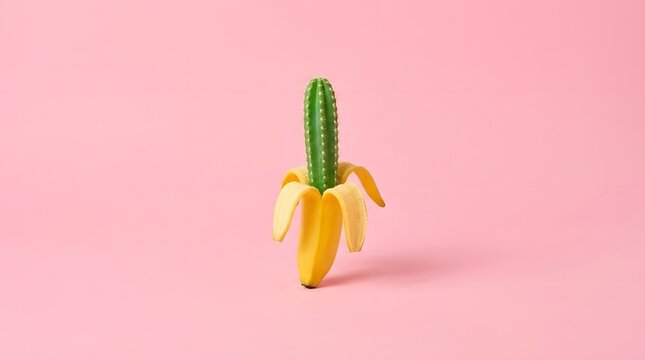 Surreal and creative concept of a green prickly cactus growing out of a peeled yellow banana skin isolated on a solid pastel pink background, symbolizing contrast and unexpected nature