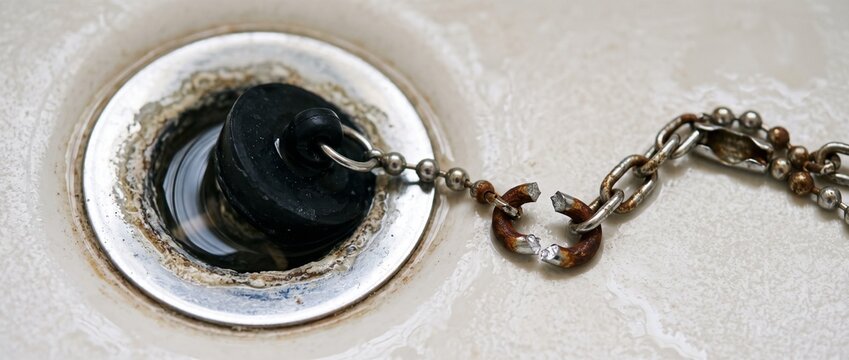 Bath plug chain snapped captured from directly above with parted link with a rust collar, a real life close up of a bath chain snapped at the link as found representing a tiny part that ruins the bath