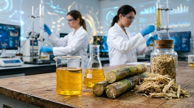 Professional female scientists conducting biofuel research from sugarcane in a modern high-tech laboratory, focusing on renewable energy and sustainable ethanol production with lab glassware.