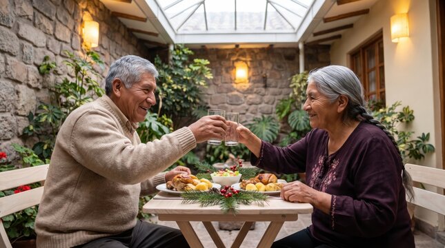Smiling senior couple clinking clear glasses across a compact Christmas table in a plant-filled stone courtyard, sharing roast dinner beneath a skylight with evergreen sprigs and warm wall lights