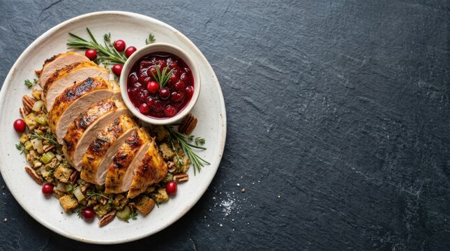 Sliced roasted turkey breast with stuffing and cranberry sauce