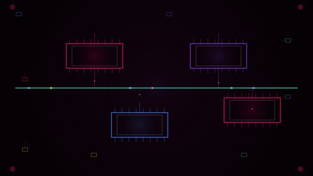Glowing rectangular frames float over a dark background with technical markings