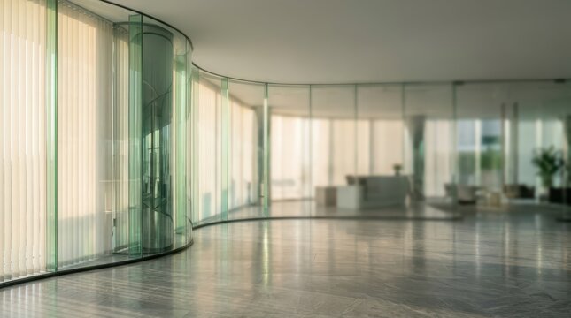 Modern office interior with curved glass walls and bright empty hallway with polished stone floor