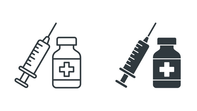 Medical vaccine syringe and medicine bottle icons isolated in minimalist flat vector design style