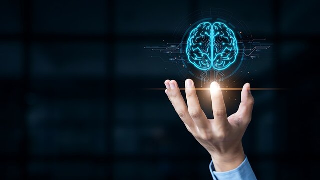 Artificial intelligence concept illustration of a glowing brain circuit over a hand