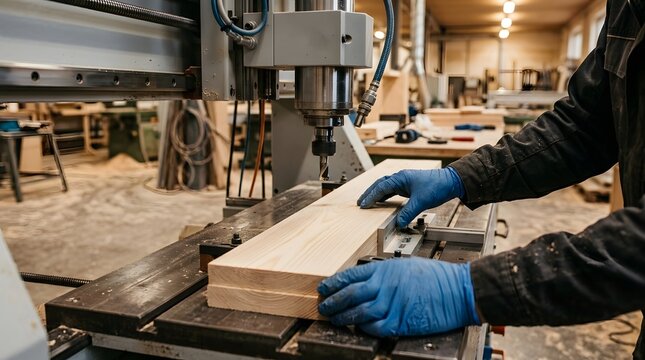 Professional carpenter or factory worker in blue gloves aligning a solid wood plank on a heavy-duty CNC milling machine for precision cutting and shaping in a woodworking workshop.