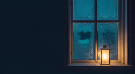 Fototapeta premium A luminous antique lantern stands on a rustic wooden window sill overlooking a serene twilight winter evening with warm light casting soft shadows across the frame